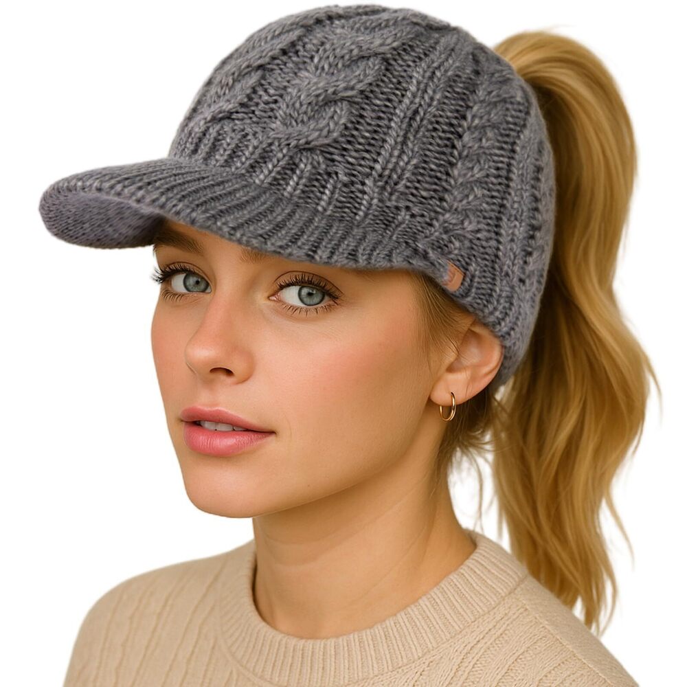 3363 Winter 3 Openings Ponytail Visor Brim Bill Beanie Hat Fleece Lined